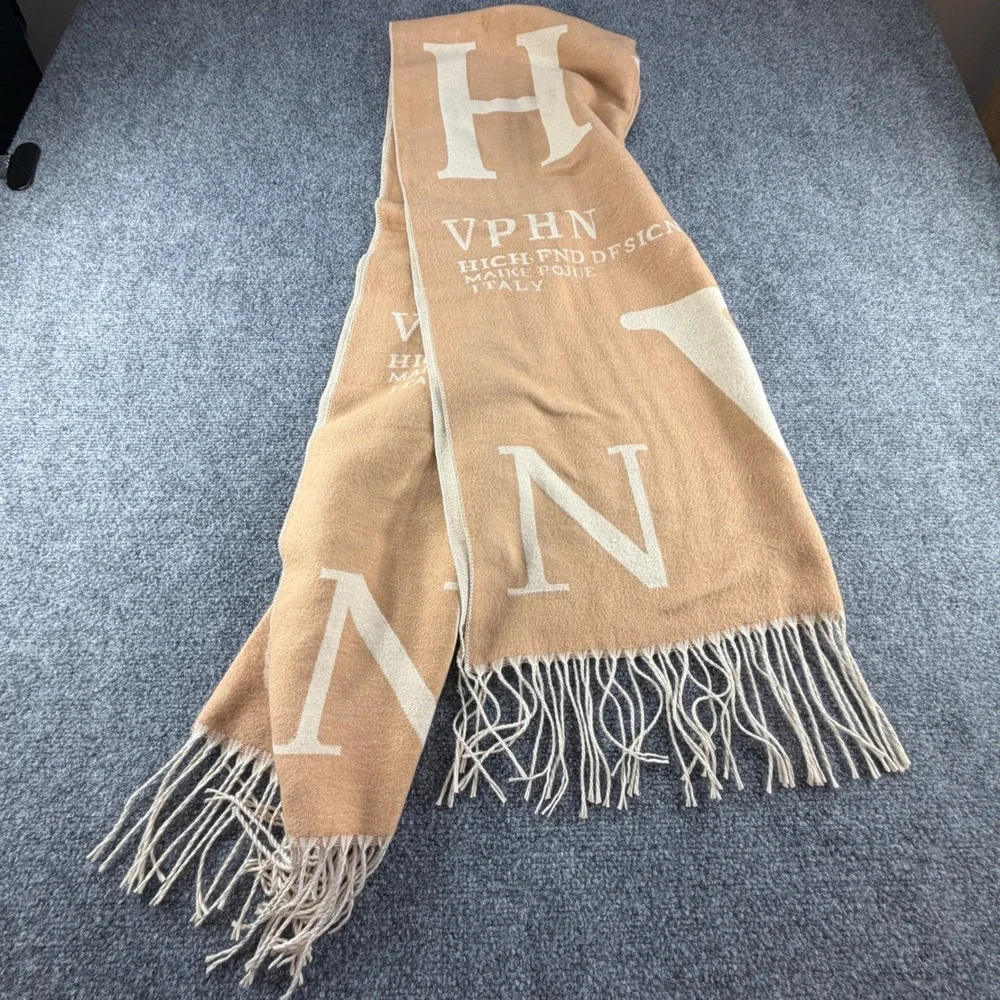 VPHN High-End Design Maike Pojue Italy Scarf Tan Cream Faux Cashmere Fringe Wrap